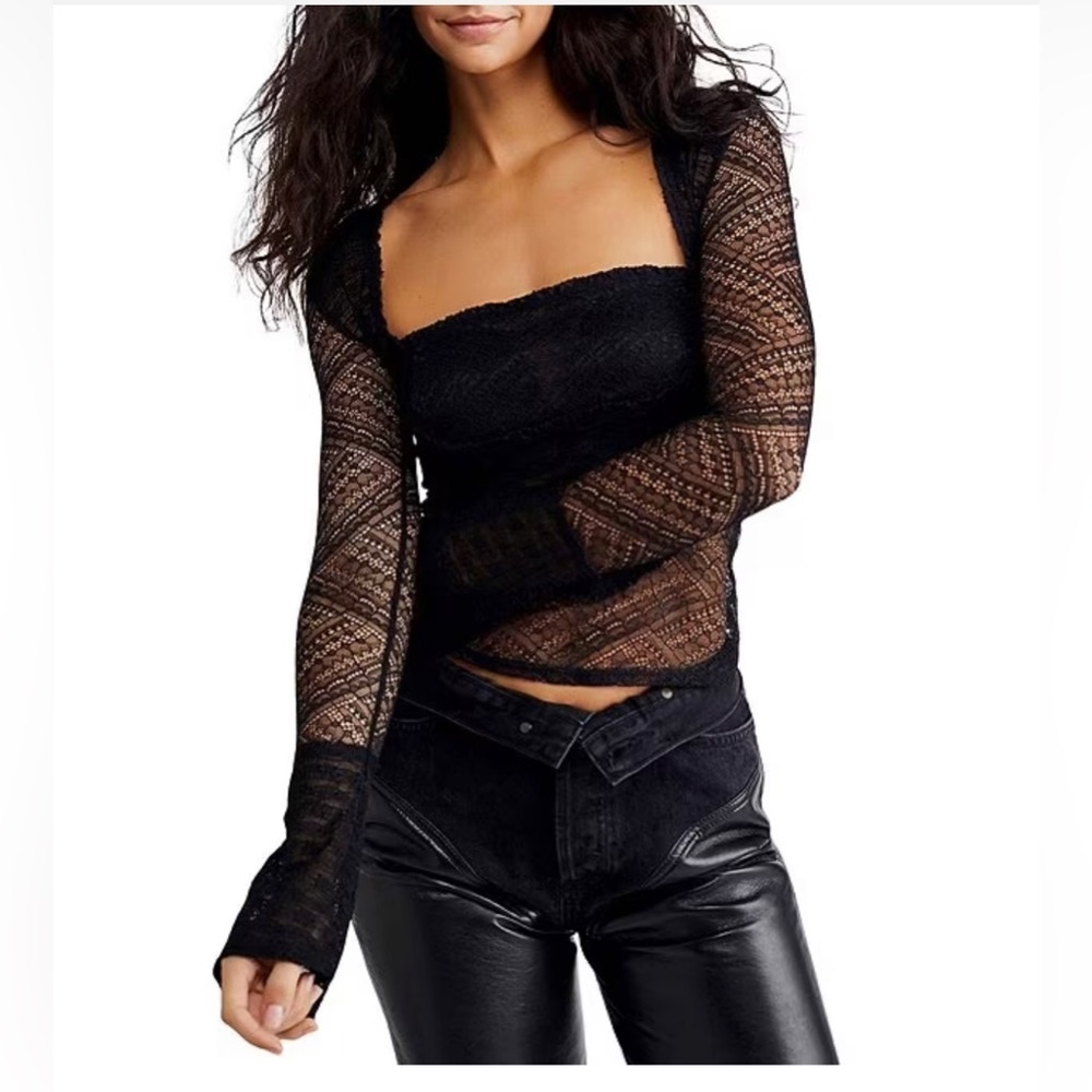 Free People My Party Lace Square Neck black Long Sleeve Top size large brand new